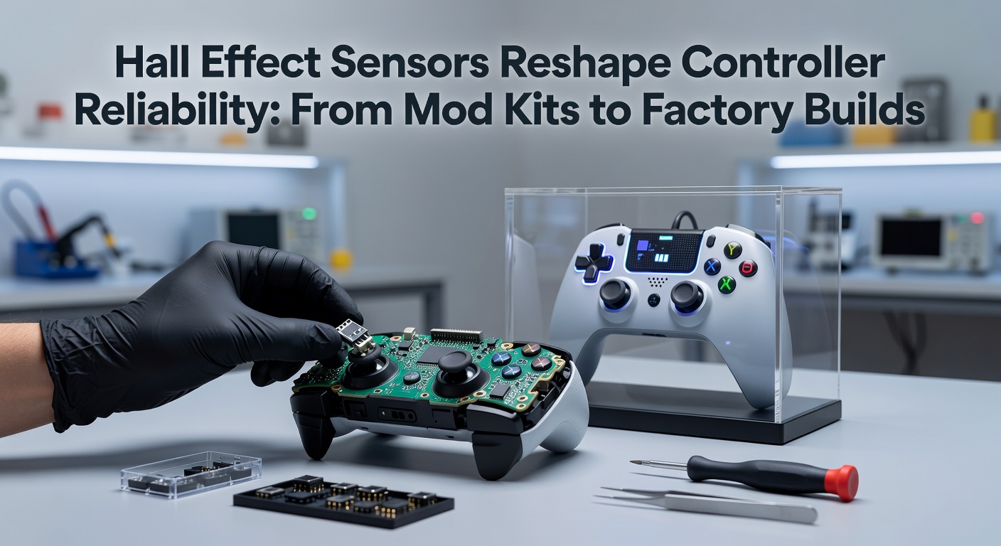 Factory assembly line installing Hall effect sensors into next-gen controllers, workers calibrating modules amid high-tech equipment