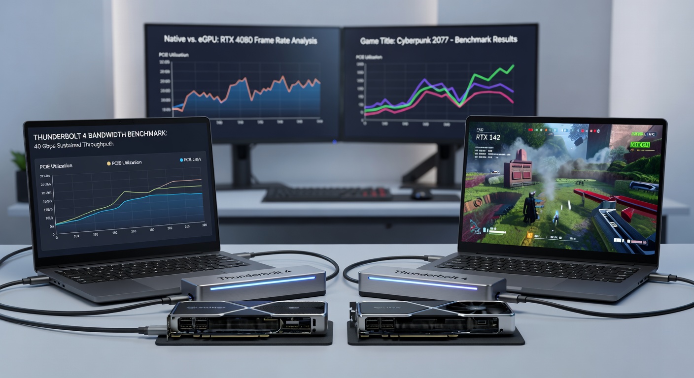 Close-up benchmark chart displaying Thunderbolt 4 eGPU throughput graphs alongside FPS comparisons in games like Cyberpunk 2077, with RTX 4090 docked versus internal GPU