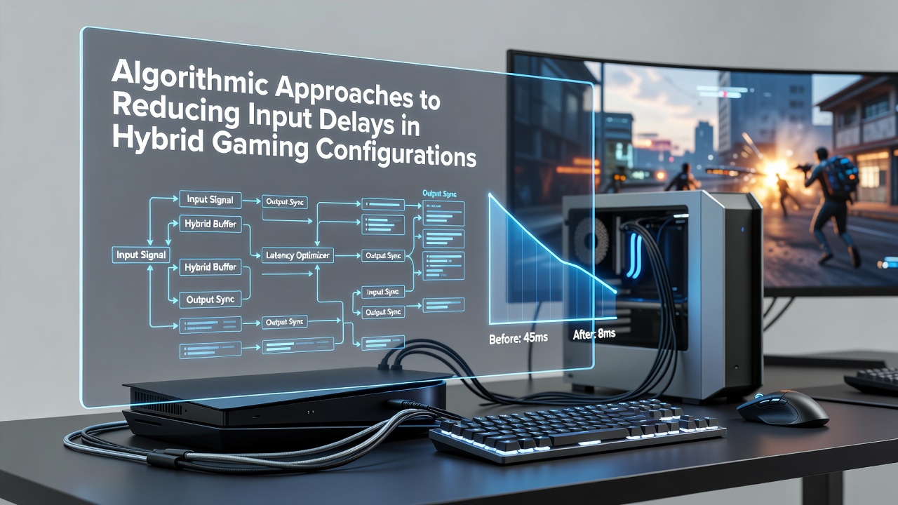 Close-up of a hybrid gaming station where algorithmic compensation runs on an external processing unit between console and PC
