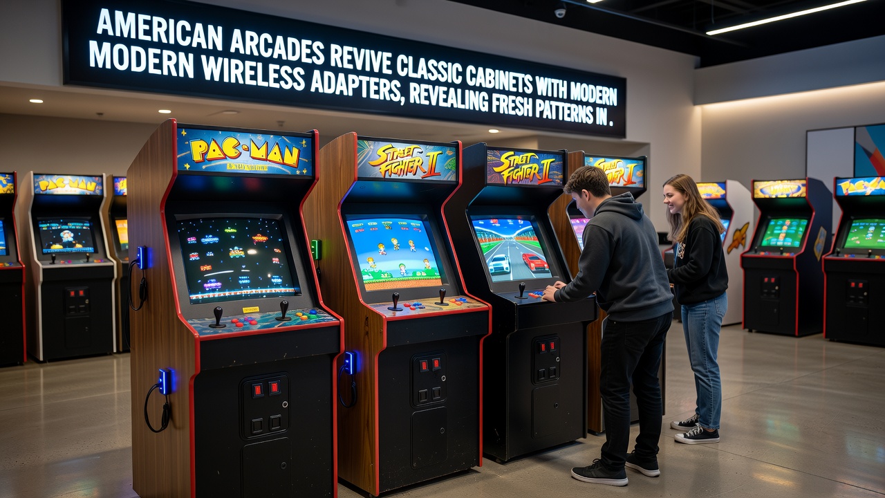 Technician installing wireless adapter inside a vintage arcade cabinet at a local venue