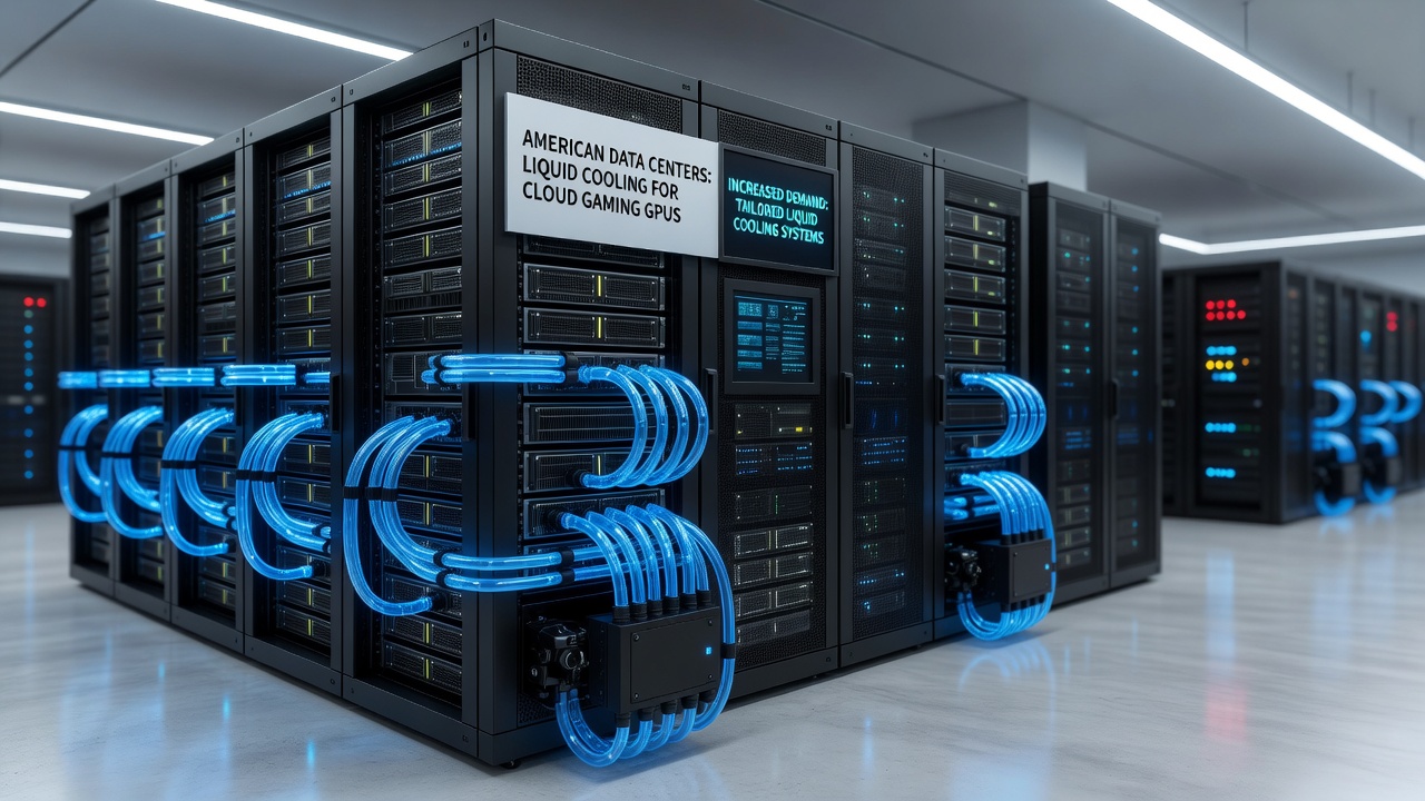 American data center facility with liquid cooling infrastructure supporting graphics processing clusters for cloud gaming services