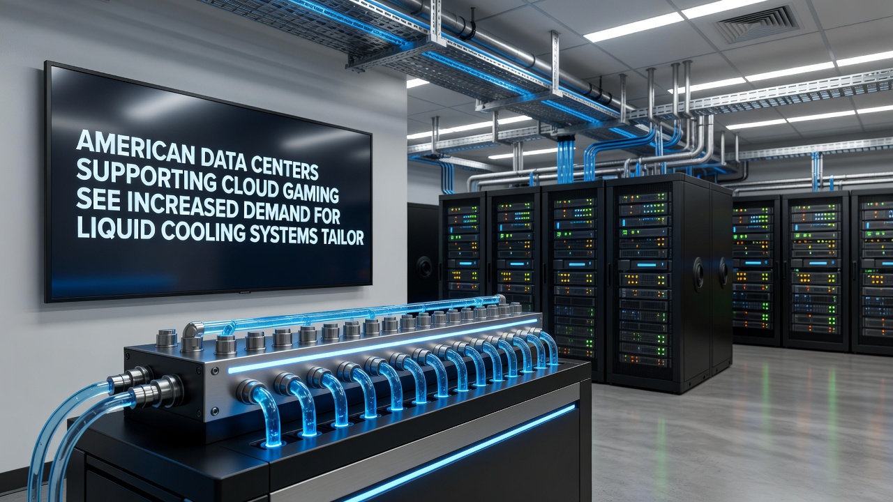 Close-up view of liquid cooling manifolds and GPU cold plates installed in a cloud gaming data center rack
