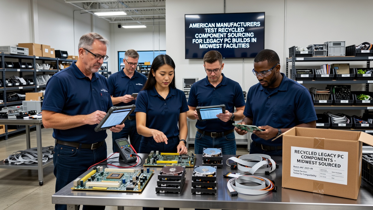Technicians testing reclaimed PC parts on diagnostic benches in a Midwest assembly plant