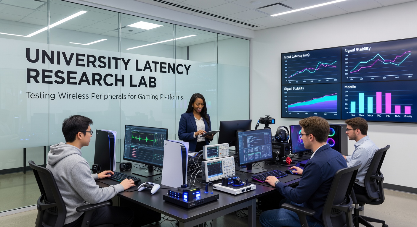 Researchers at an American university lab conducting latency tests on wireless gaming controllers connected to multiple platforms including PC and consoles