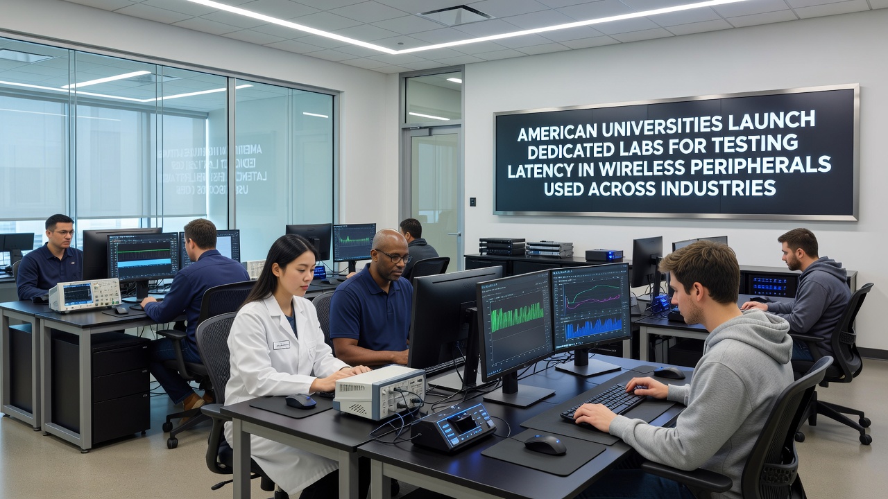 Detailed view of oscilloscope readouts and wireless signal analysis equipment in a university gaming latency laboratory
