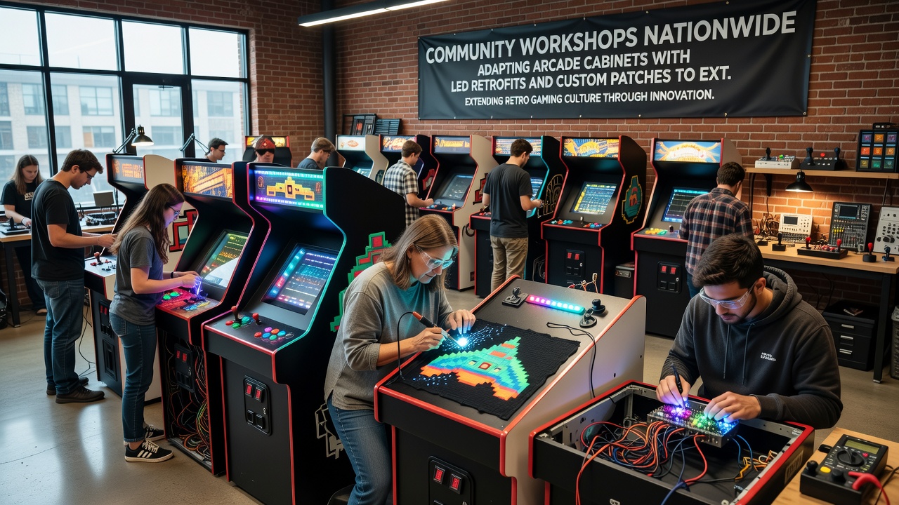Technicians testing an arcade cabinet after LED retrofit and firmware patch installation in a community workshop
