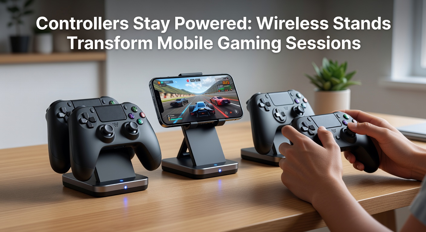 Wireless charging stand holding a game controller mid-session, with a mobile device connected and screen glowing during an intense game