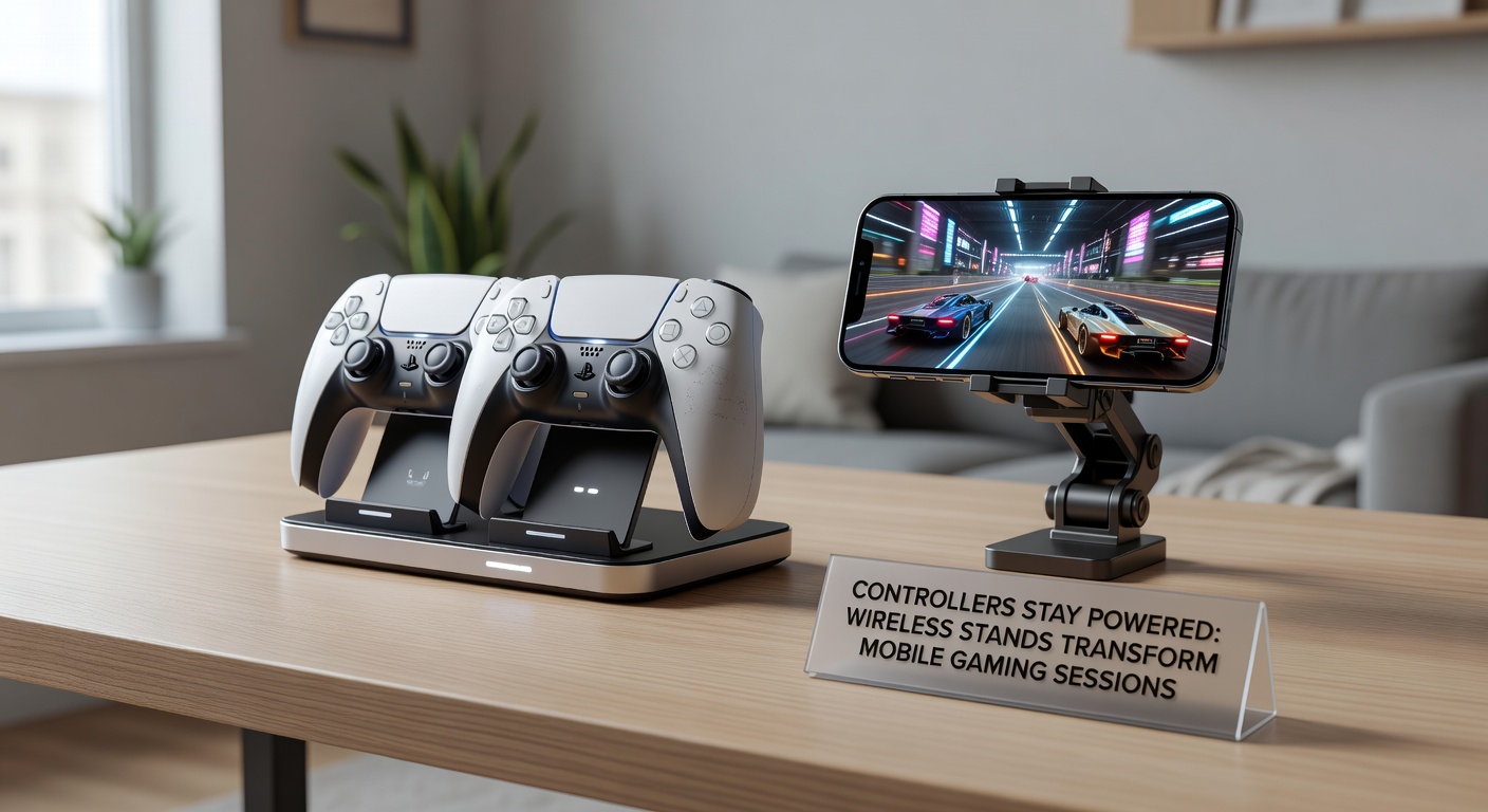 Close-up of a wireless stand in action, controller glowing with charge indicator while paired to a smartphone running a high-graphics game, surrounded by session stats on screen