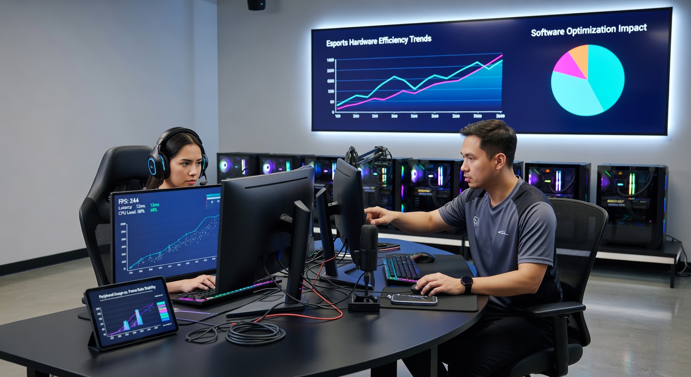 Esports players using high-performance peripherals during a competitive tournament match with software metrics displayed on monitors