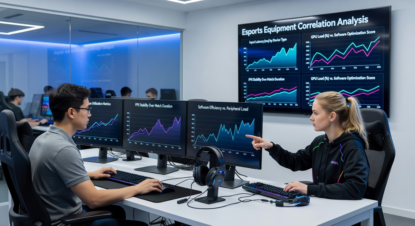 Close-up of gaming setup showing mouse, keyboard, and monitor with overlaid performance graphs measuring input lag and frame rates