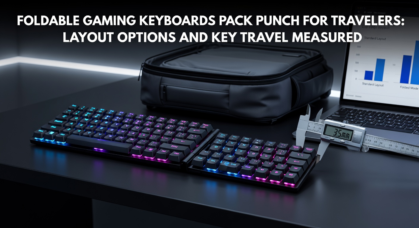 A compact foldable gaming keyboard unfolded on a laptop desk during travel, showcasing mechanical switches and RGB lighting
