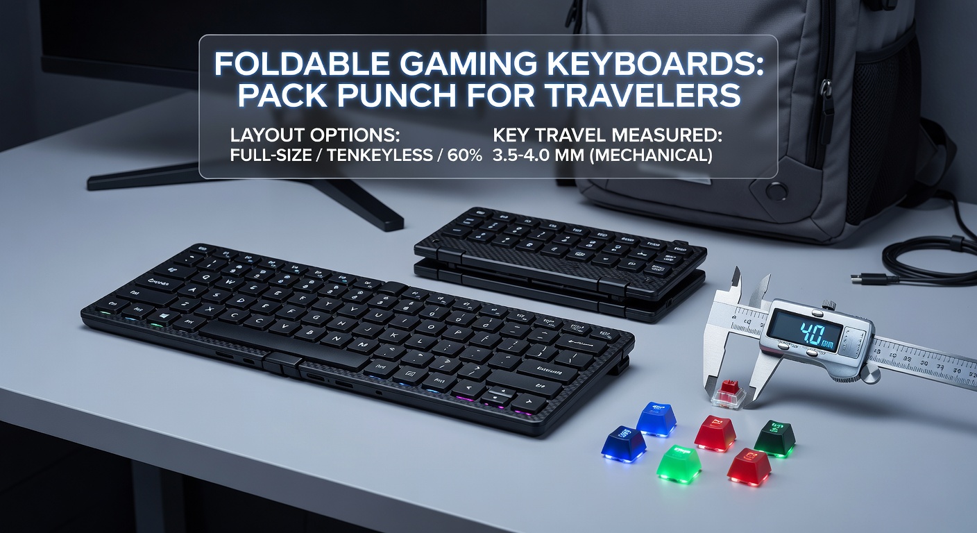 Close-up of a foldable gaming keyboard's mechanical keys under RGB glow, highlighting keycaps and switch stems during a typing test