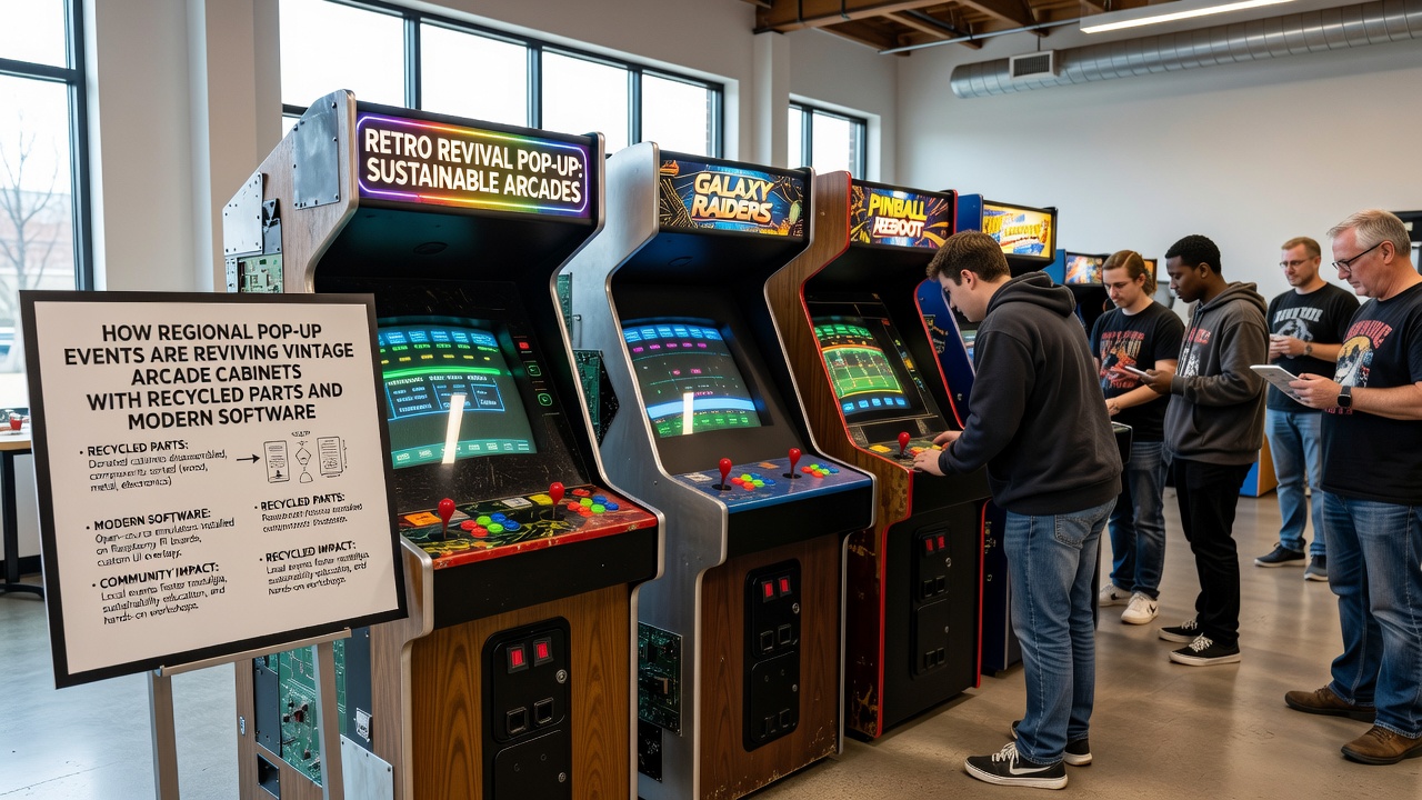 Technicians installing recycled components and applying software tweaks to vintage arcade cabinets at a pop-up event