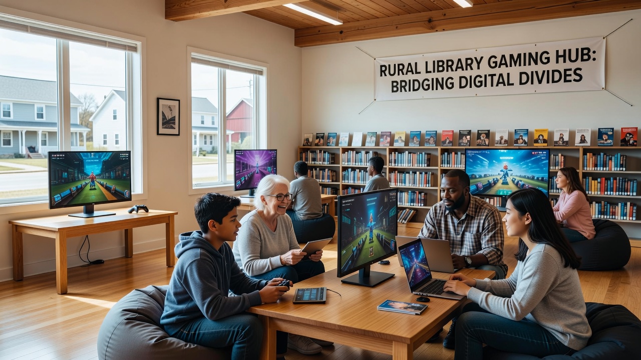 Rural library gaming program with community members using consoles and VR headsets in a shared space