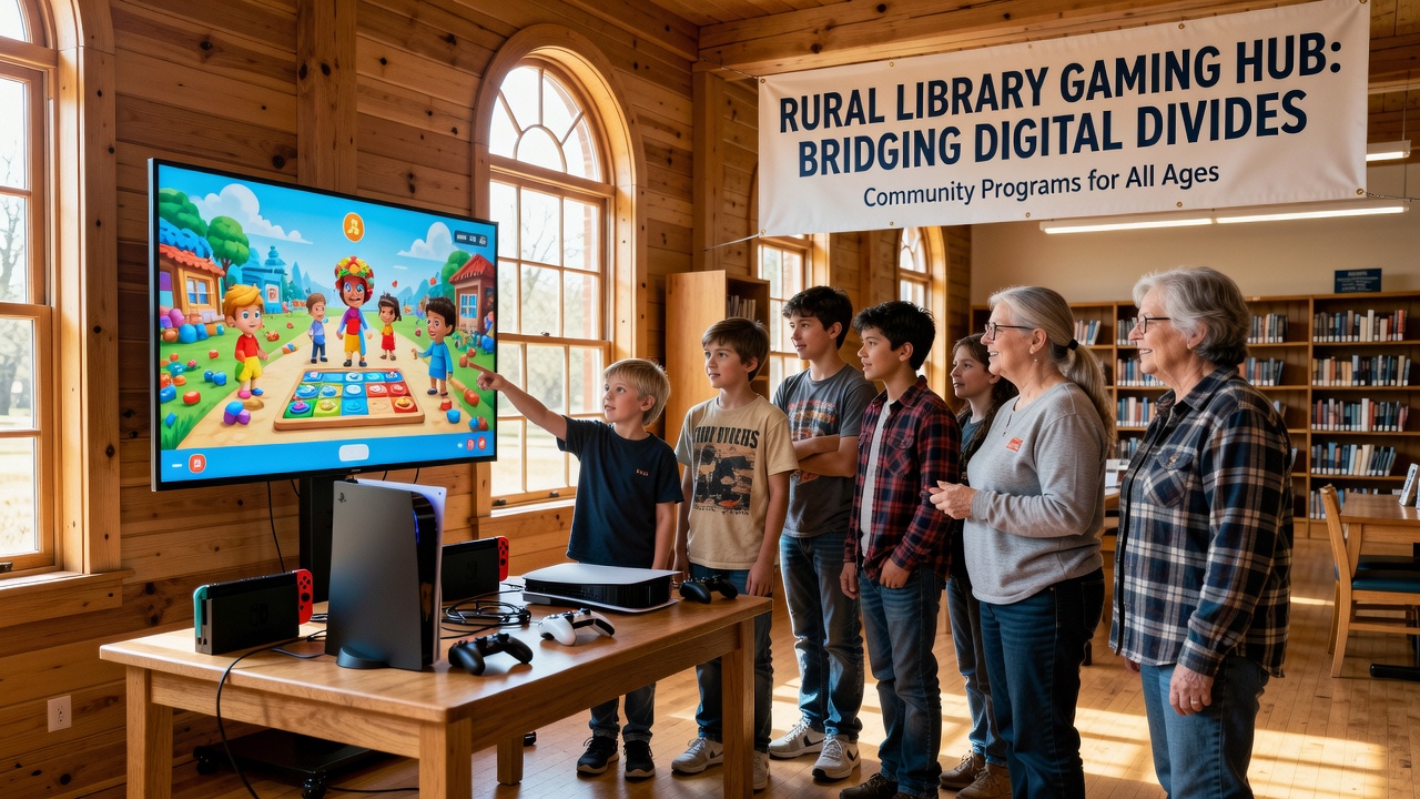 Library staff assisting diverse age groups during a VR gaming session in a rural community room
