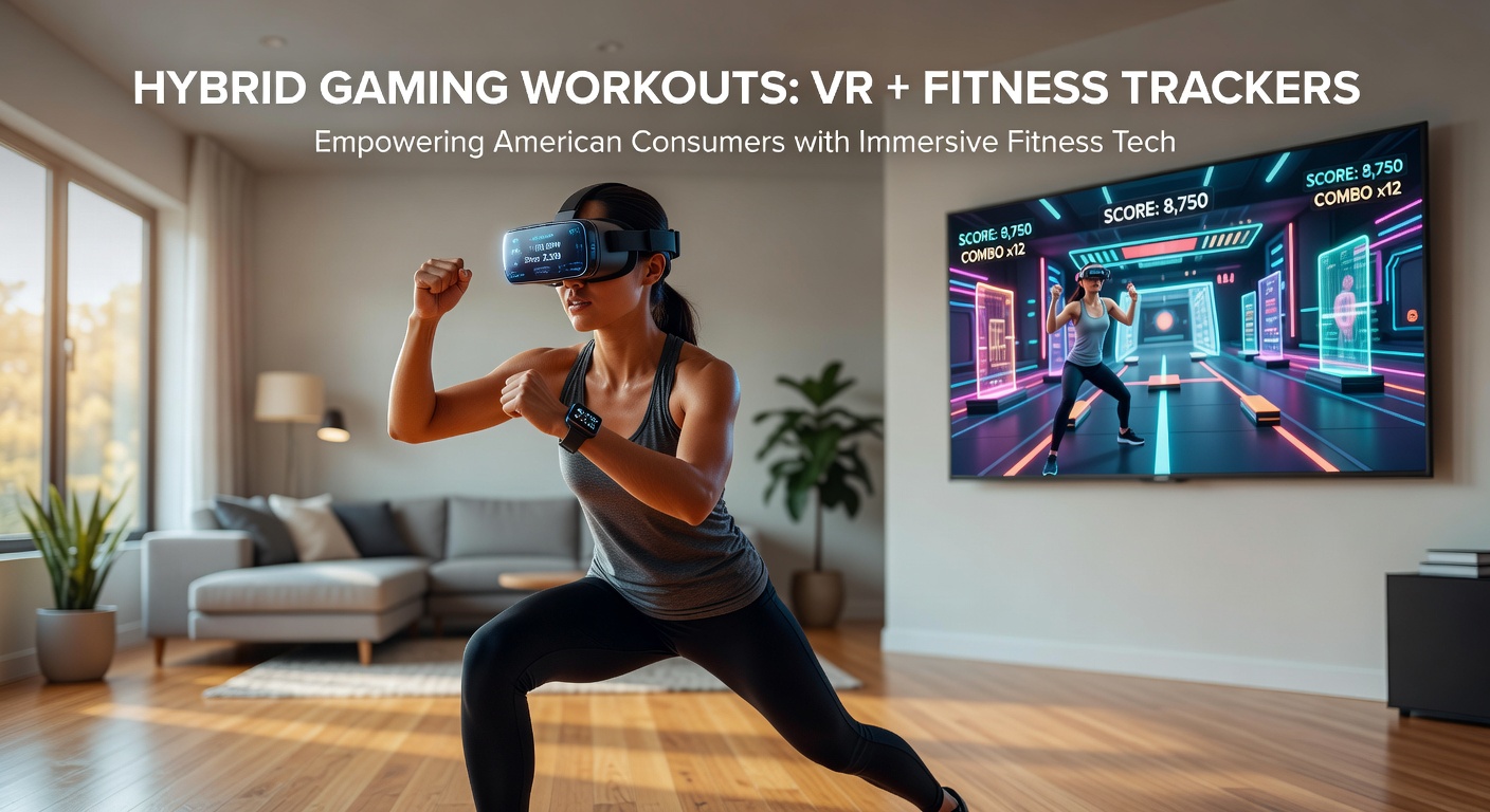 Virtual reality headset paired with wrist-based fitness tracker during active gaming session