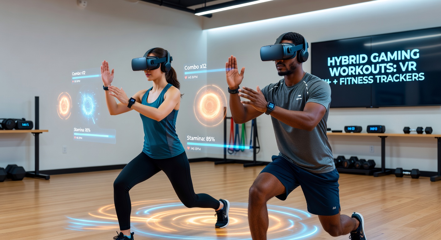 Fitness tracker dashboard displaying heart rate and movement data synced from virtual reality workout session