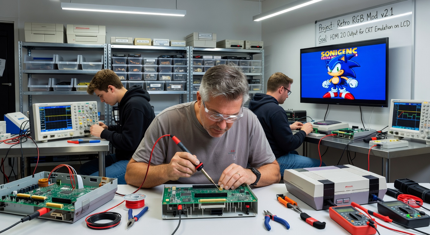 Hobbyist modifying vintage console hardware with soldering tools and modern HDMI components on a workbench