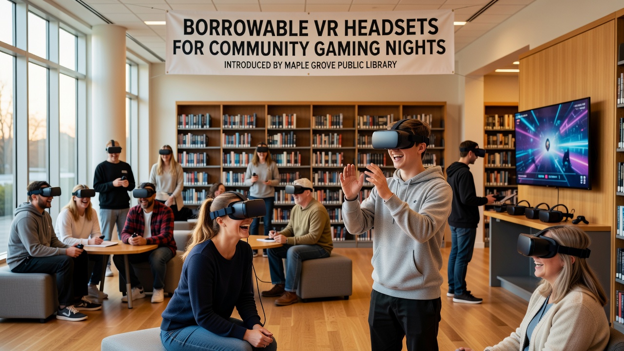 Participants in a rural library VR gaming night wearing headsets while others watch the projected gameplay