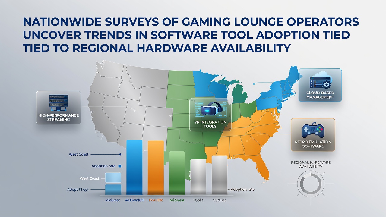 Gaming lounge interior showing multiple PC stations and operators reviewing software dashboards on tablets