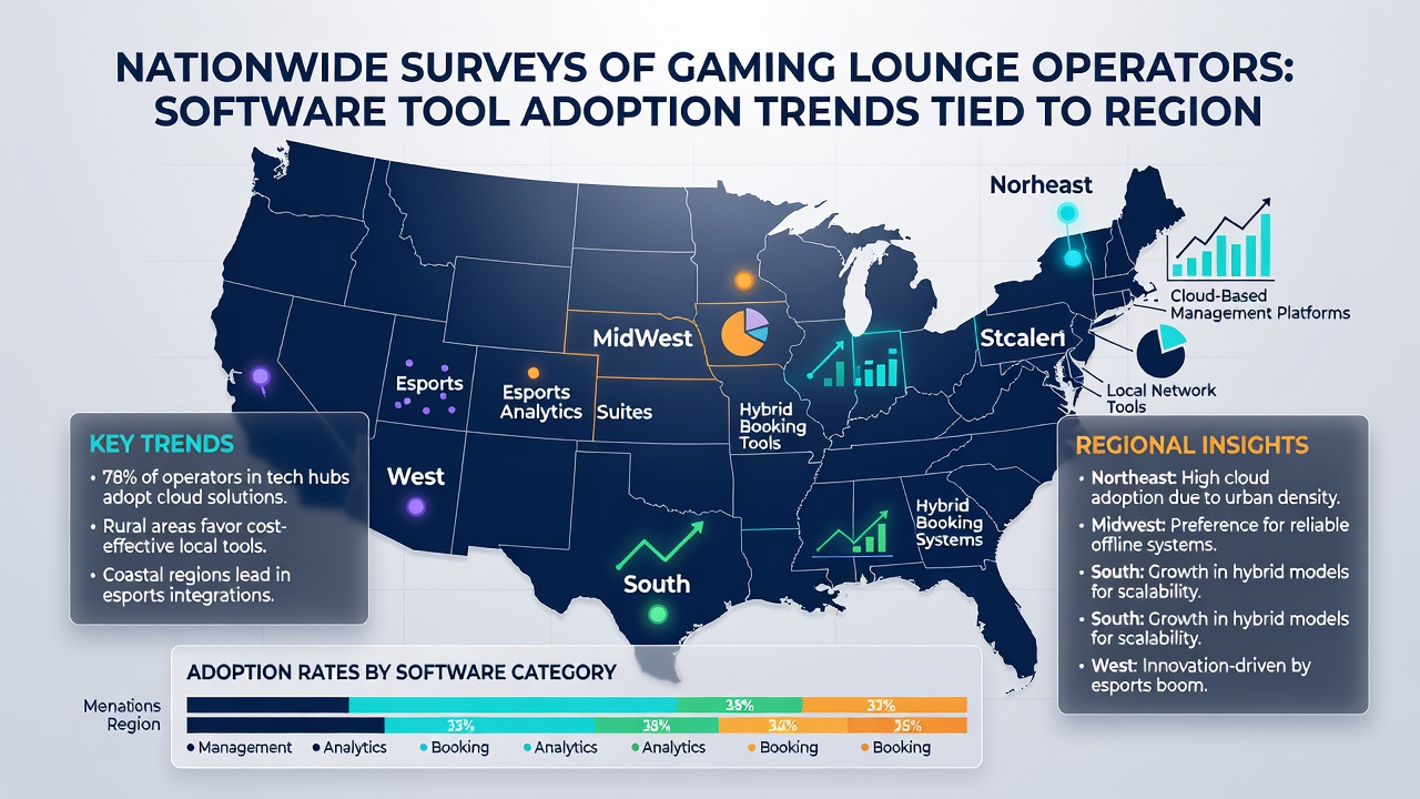 Operator reviewing software analytics on a monitor while surrounded by gaming stations with visible hardware setups