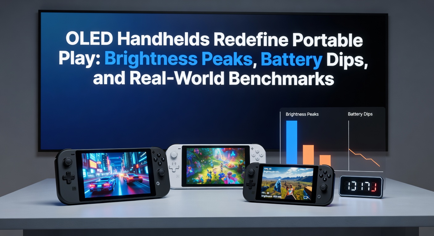Battery life comparison chart for various OLED handhelds during intensive gaming sessions, showing runtime hours versus LCD counterparts