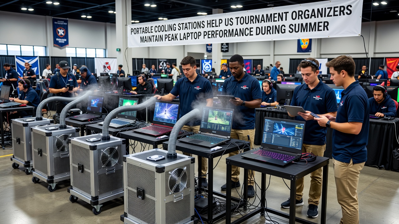 Close-up view of laptops on portable cooling stations during an active esports match with visible airflow and temperature readouts