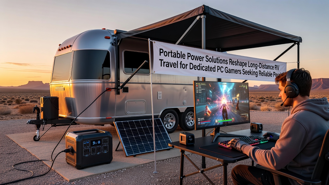 Gamer using a laptop connected to a portable power station inside an RV