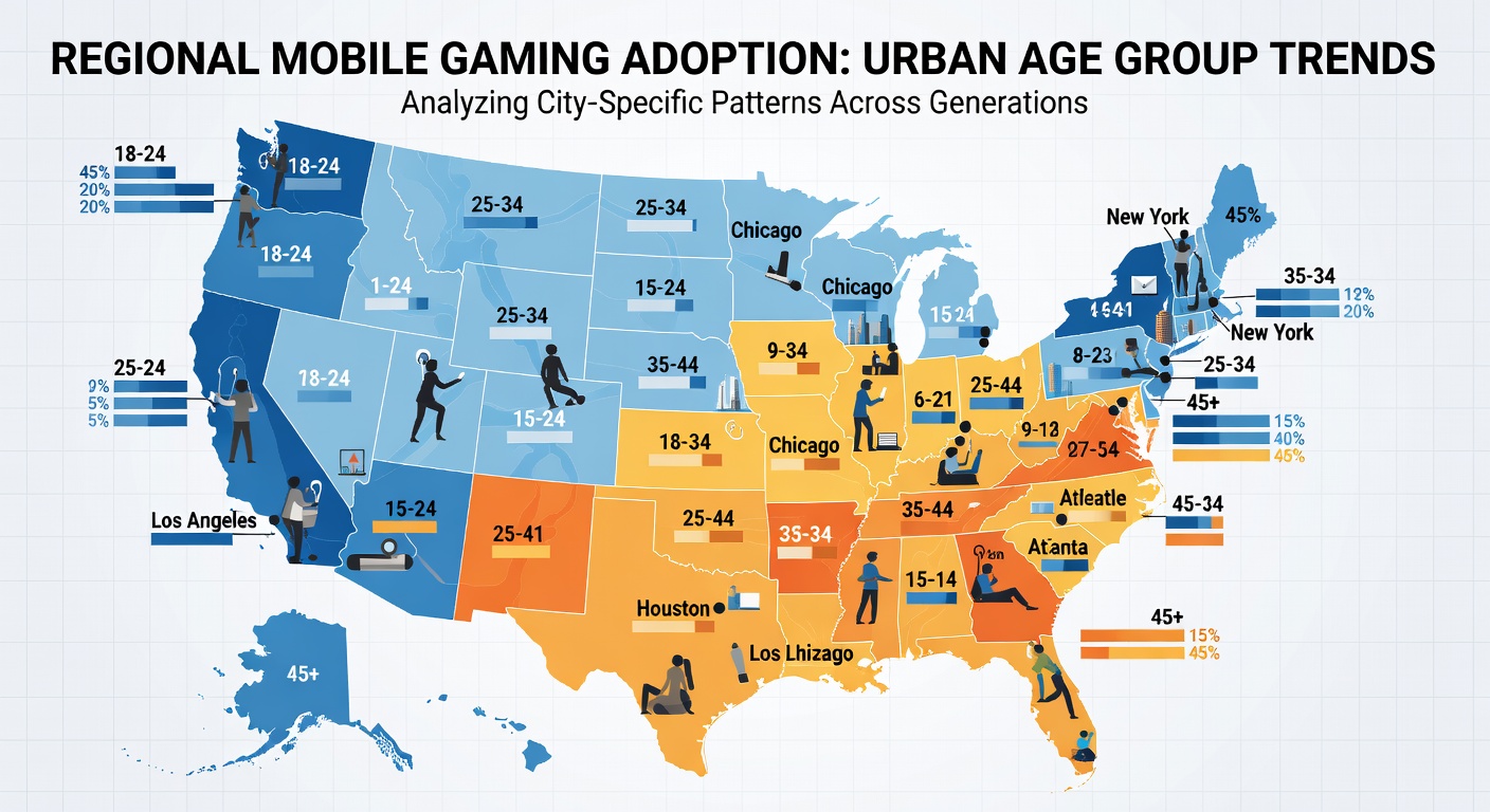 Map of US cities showing mobile gaming adoption rates by age group in major metropolitan areas