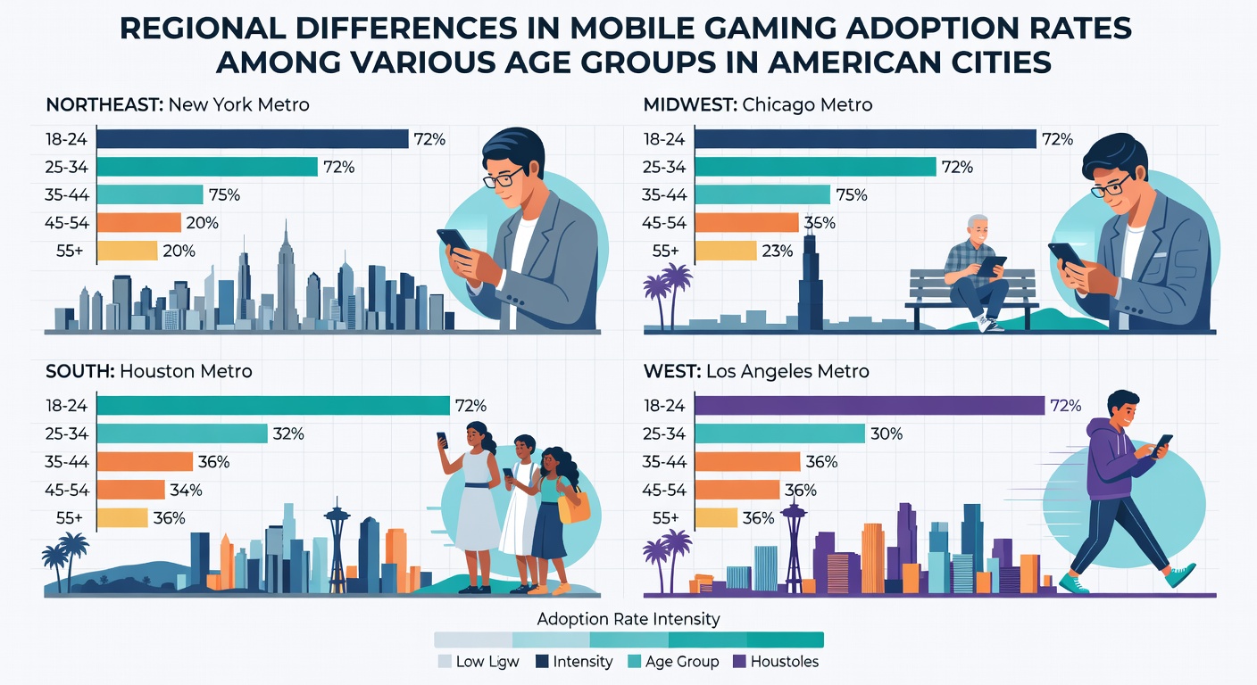 Infographic displaying age group adoption percentages for mobile gaming in selected American cities as of 2026