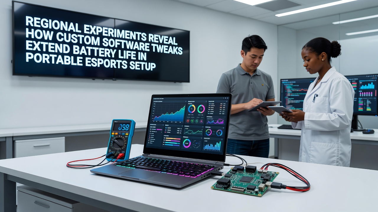 Technicians reviewing battery performance data from portable esports devices at a Midwest venue