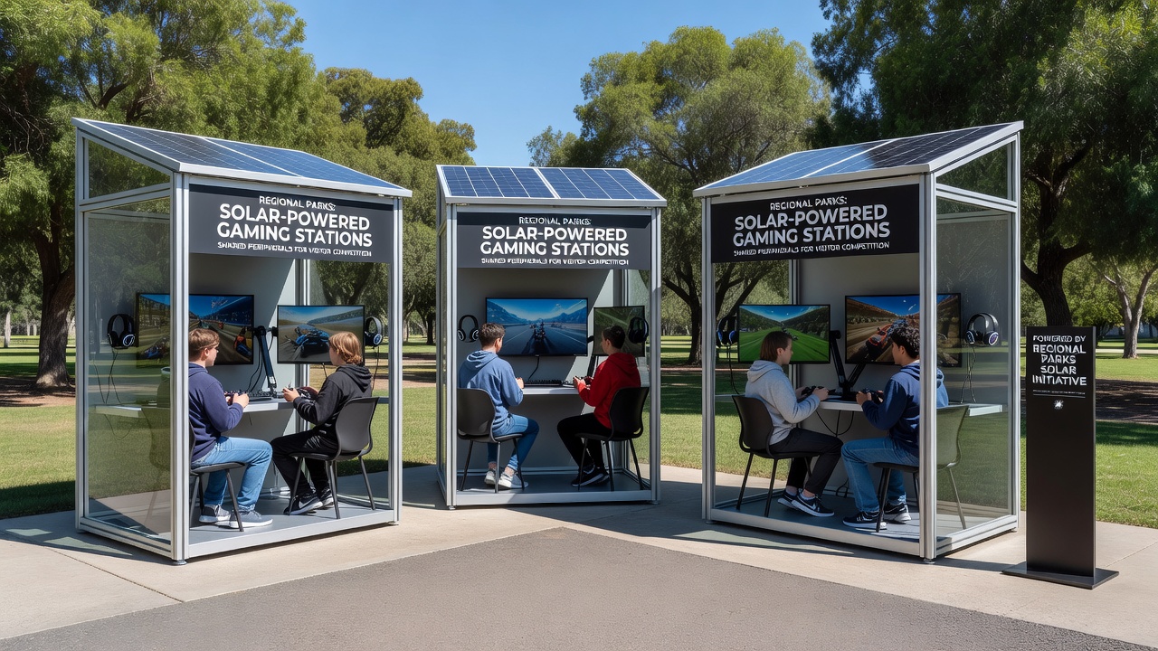 Visitors gathered around solar gaming stations during a park tournament with shared controllers and monitors visible
