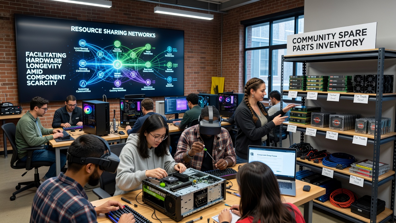 Gaming community members exchanging hardware components during a resource sharing event