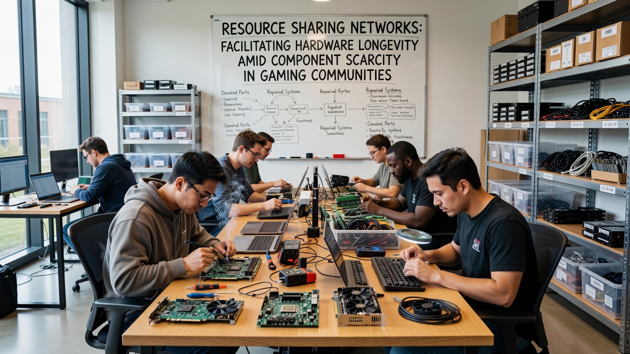 Participants repairing gaming hardware at a community workshop with shared tools and parts