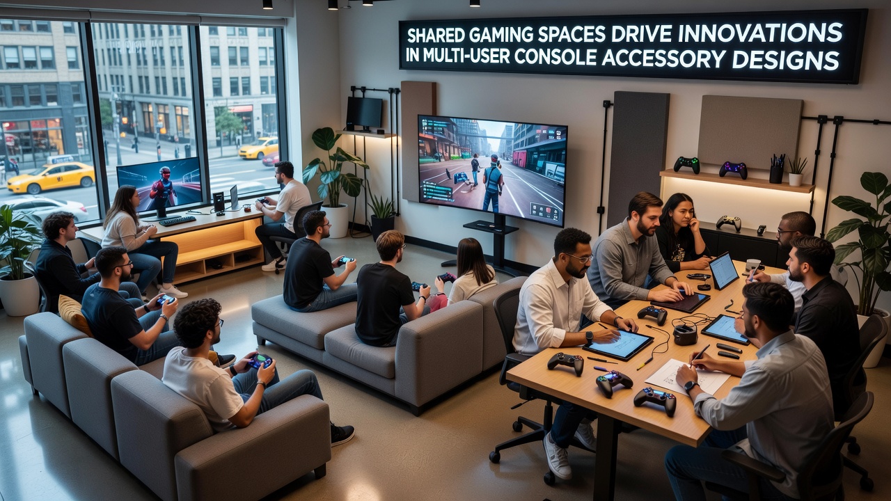 Close-up of innovative multi-user console accessories including shared docking hubs and modular controllers arranged on a gaming table
