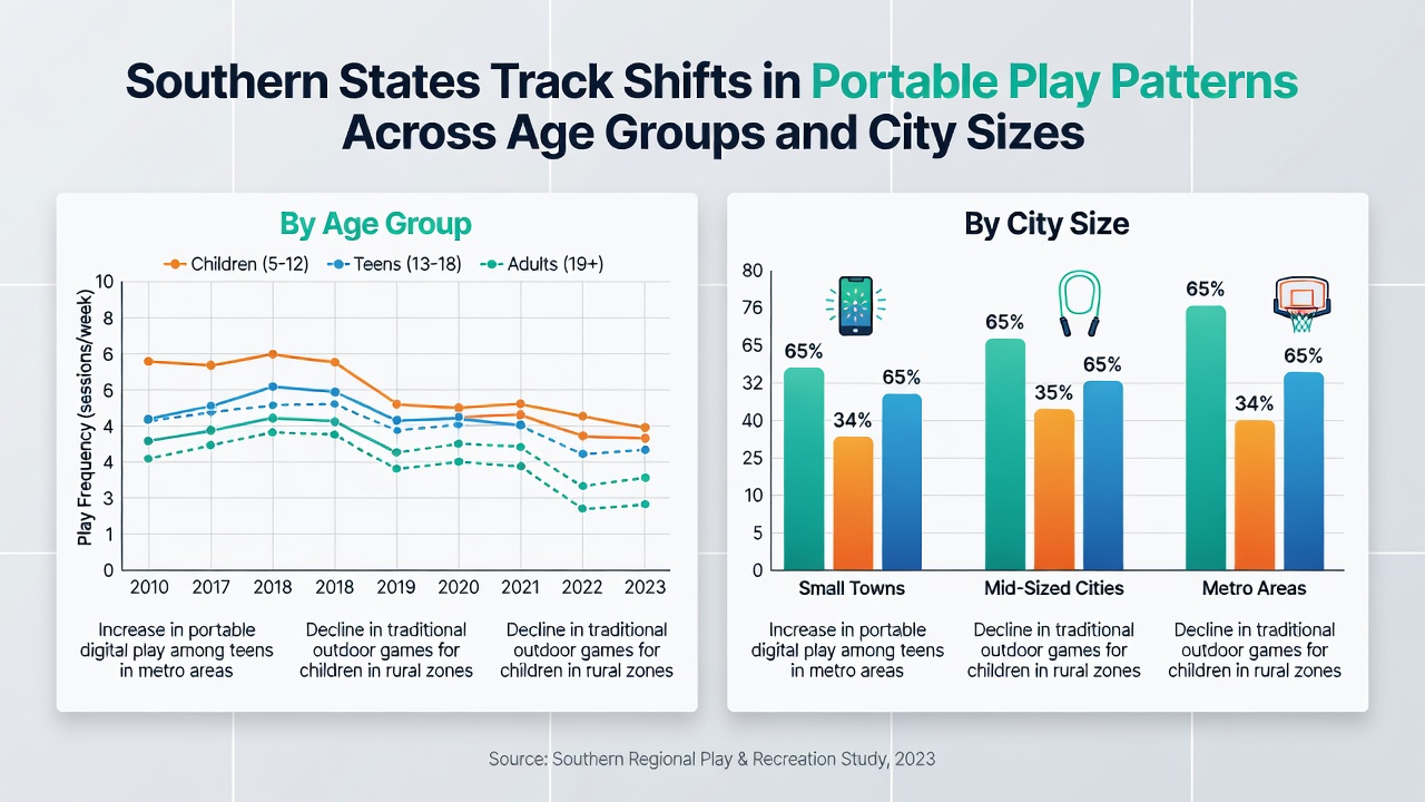 Bar chart comparing portable gaming session lengths across age groups in southern cities of varying sizes