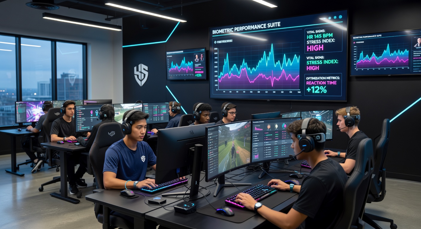 Esports athletes wearing biometric sensors during a training session at a US facility, with heart rate monitors and EEG headbands visible on multiple players