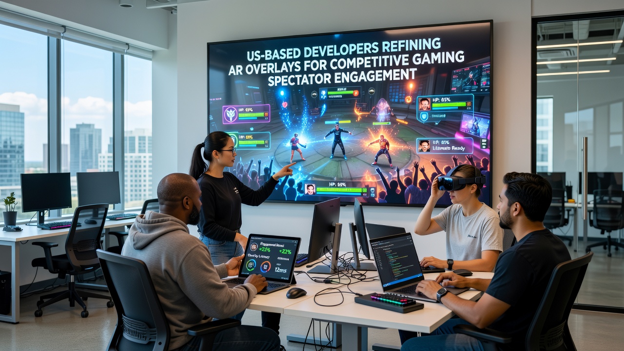 Spectators interacting with augmented reality overlays at an esports tournament venue