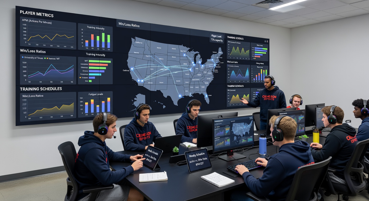 College esports team reviewing performance metrics on a shared dashboard screen in a university training facility