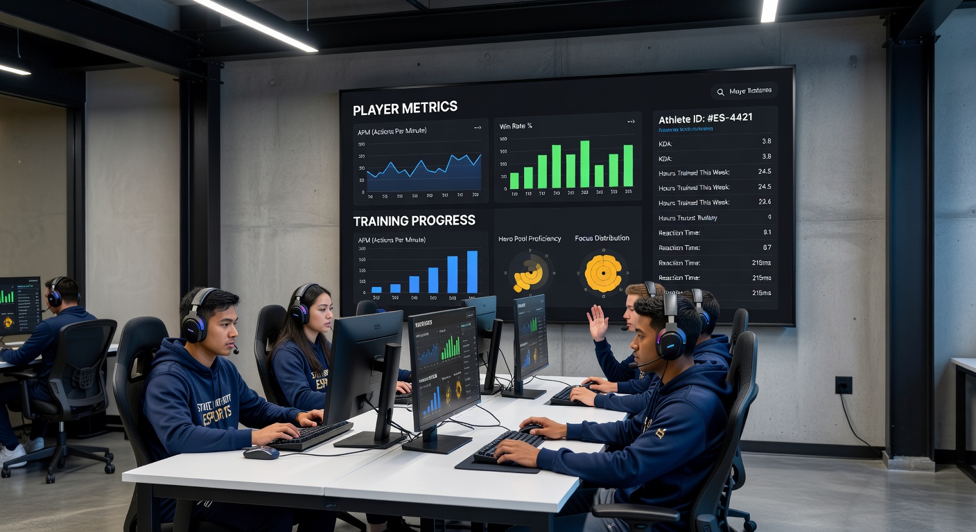 Dashboard interface showing player metrics, training schedules, and performance graphs used by college esports staff