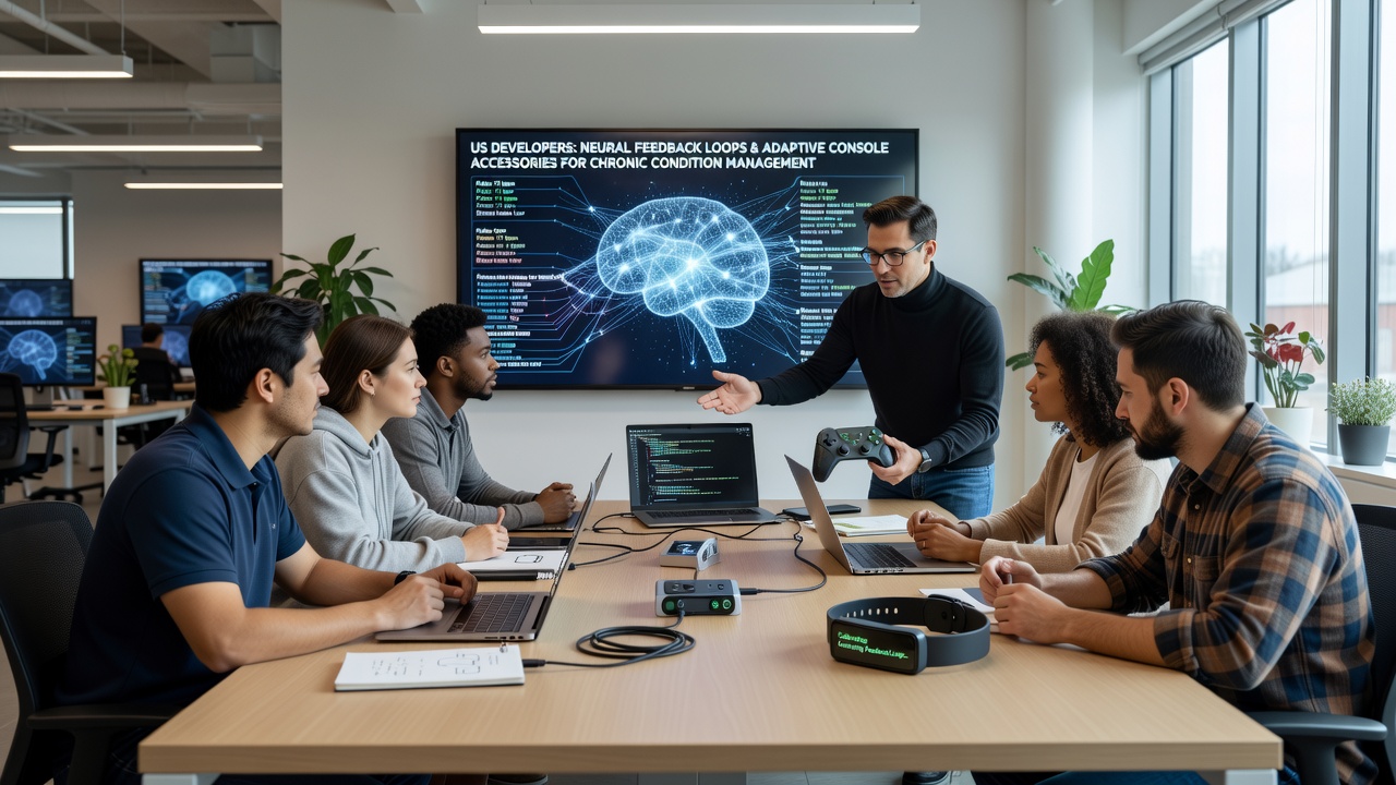Developers testing neural feedback interfaces between gaming software and adaptive console controllers in a US lab setting