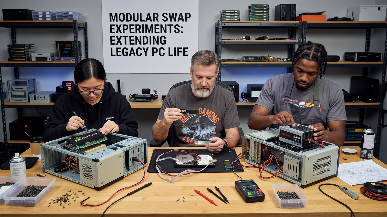 US gamers performing modular component swaps on legacy PC hardware in a workshop setting