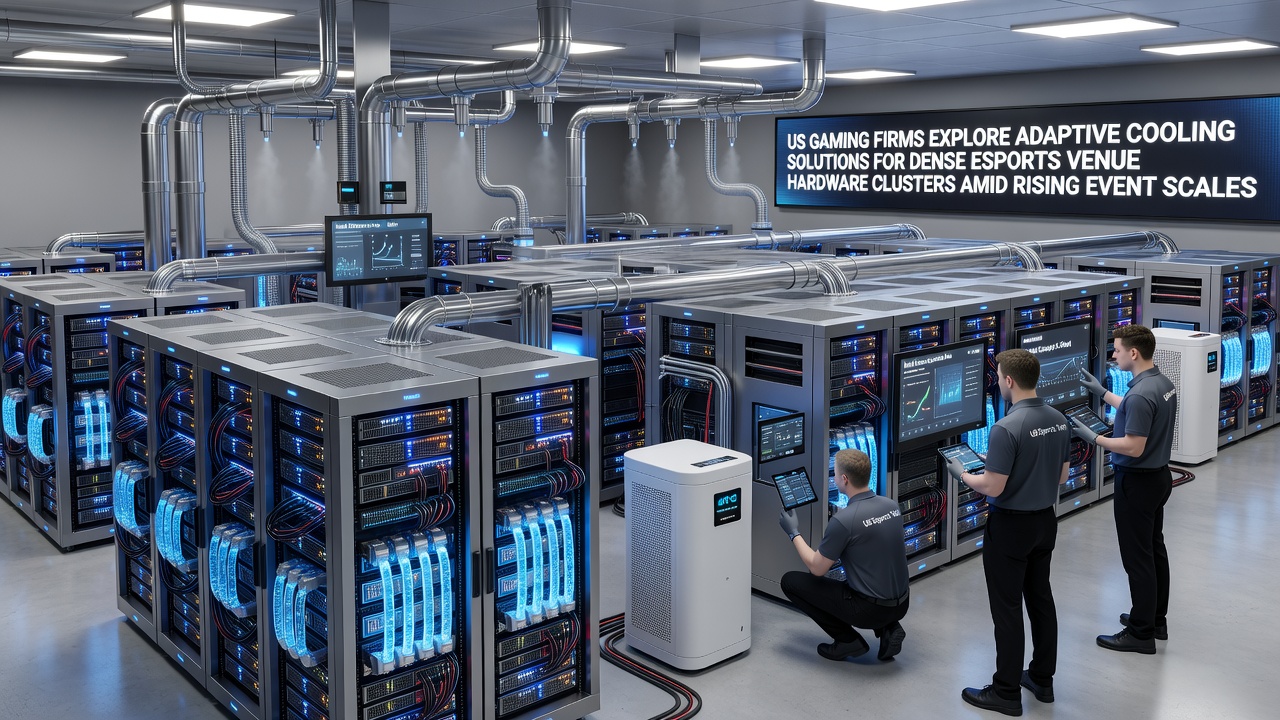 Dense esports venue hardware clusters with cooling systems in a large US tournament arena