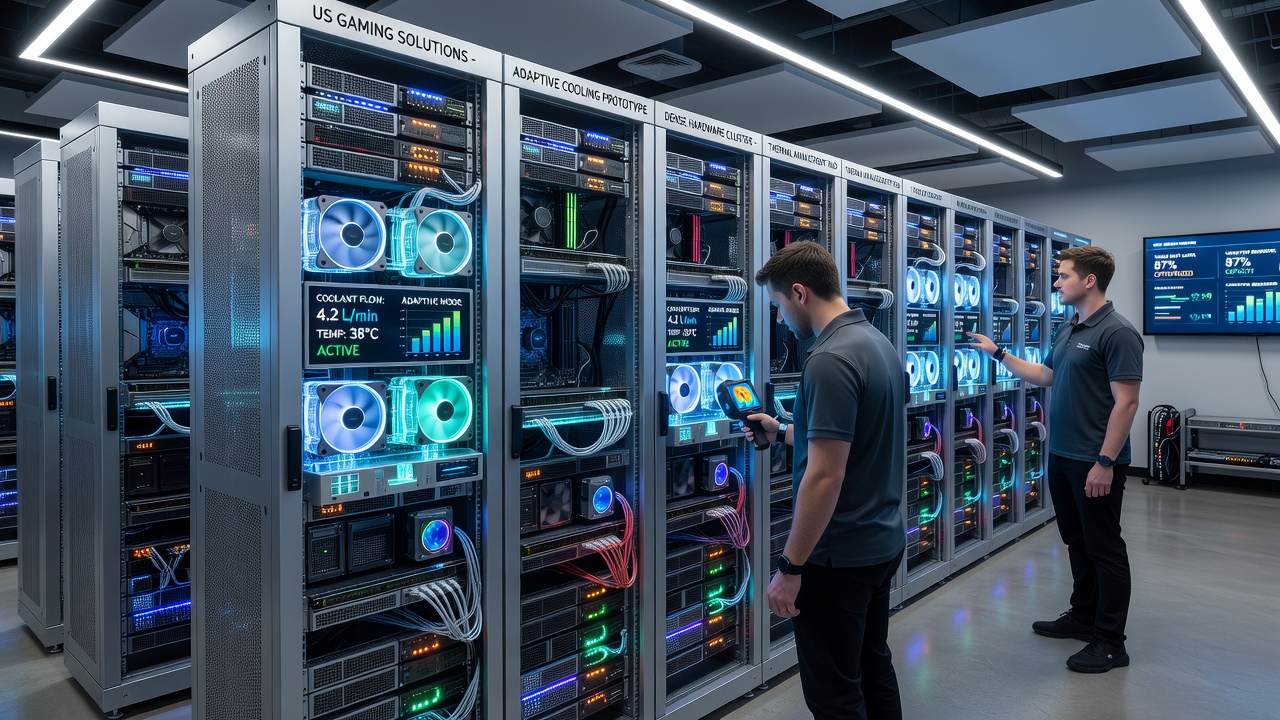 Adaptive liquid cooling infrastructure installed beneath esports tournament hardware racks