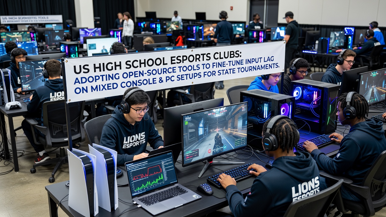 High school esports club members testing input lag on mixed console and PC setups during a practice session