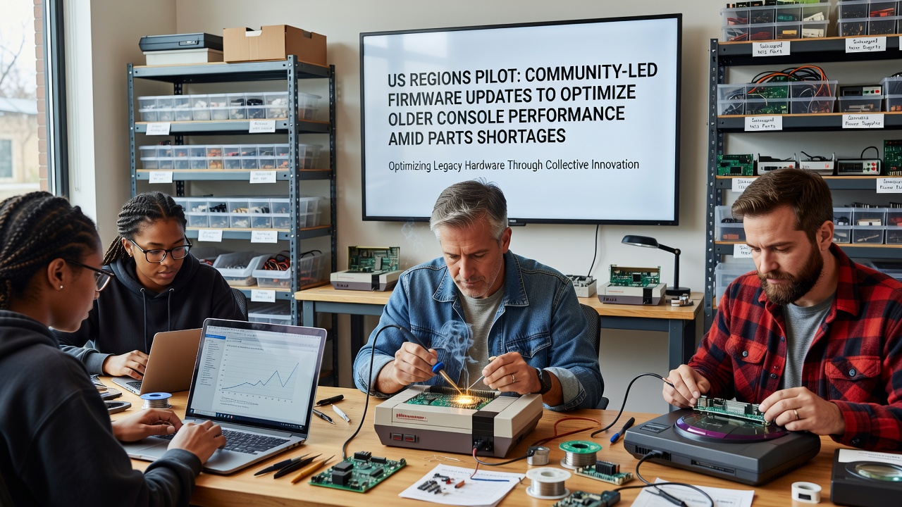 Community members in a US workshop reviewing firmware code for older gaming consoles during a regional pilot program