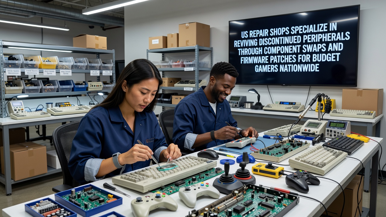 US repair technicians performing component swaps on discontinued gaming peripherals in a specialized workshop