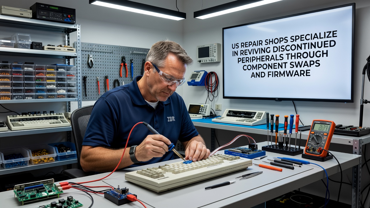 Technician applying firmware patches to revived gaming controllers in a US repair facility