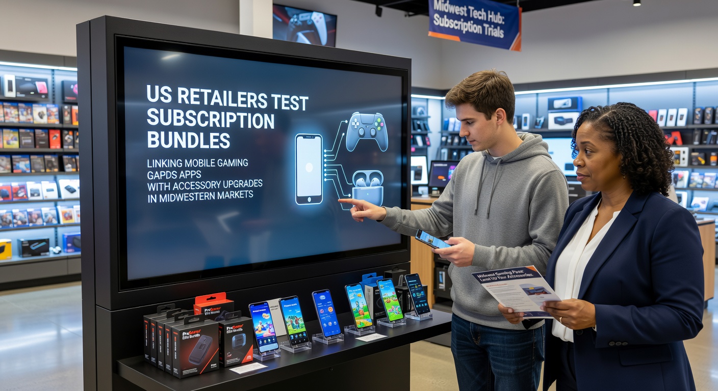 Midwestern retail store displaying mobile gaming subscription bundle displays with app icons and accessory upgrade kits on shelves in June 2026