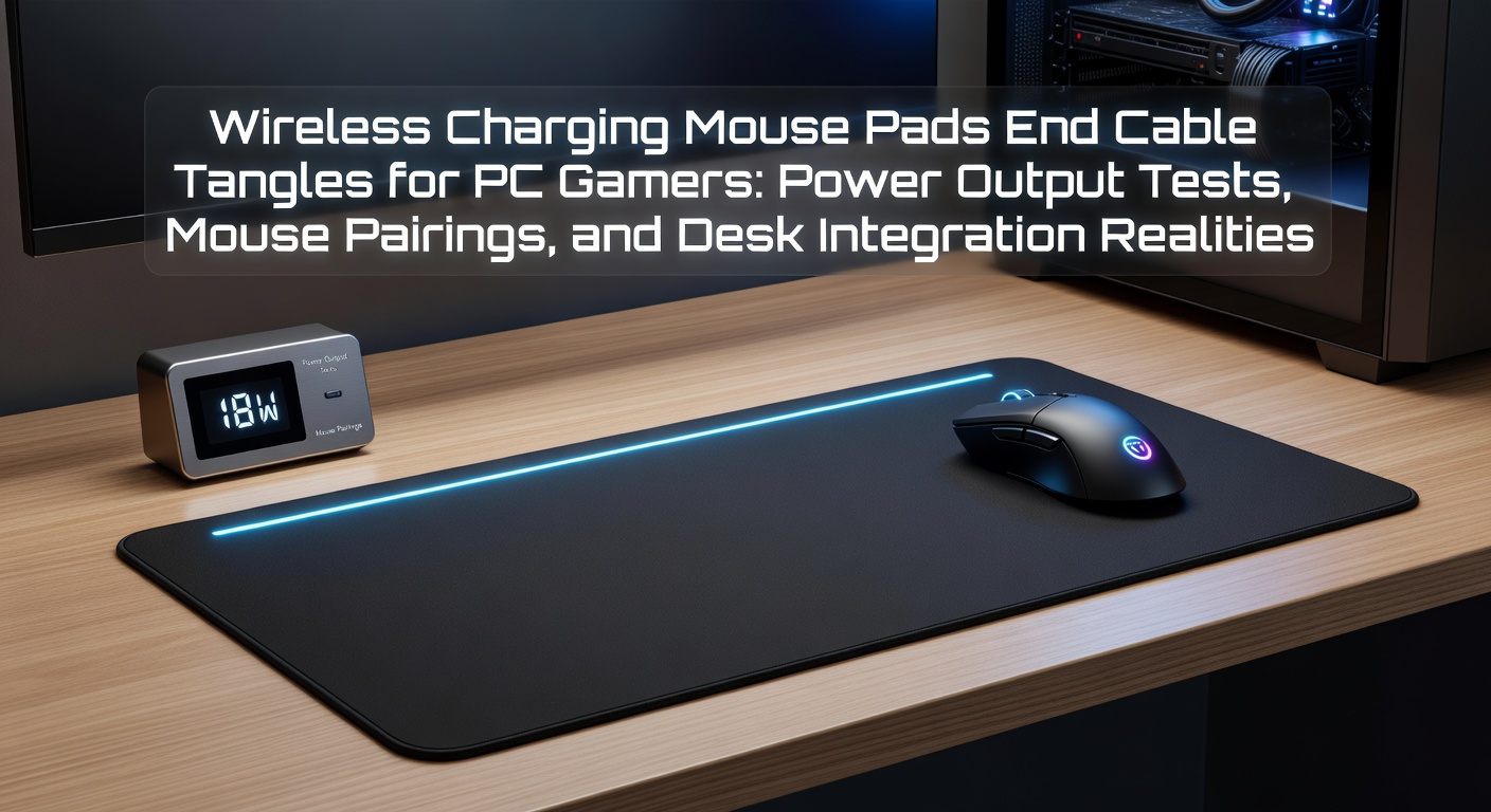 A sleek wireless charging mouse pad integrated into a gamer's desk setup, powering a high-end gaming mouse without visible cables